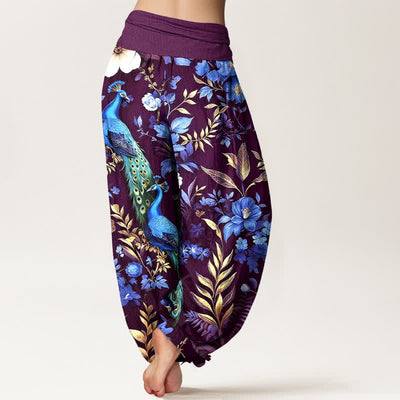 Buddha Stones Pure Cotton Teal Peacock Floral Pattern Women's Elastic Waist Harem Pants - image 9
