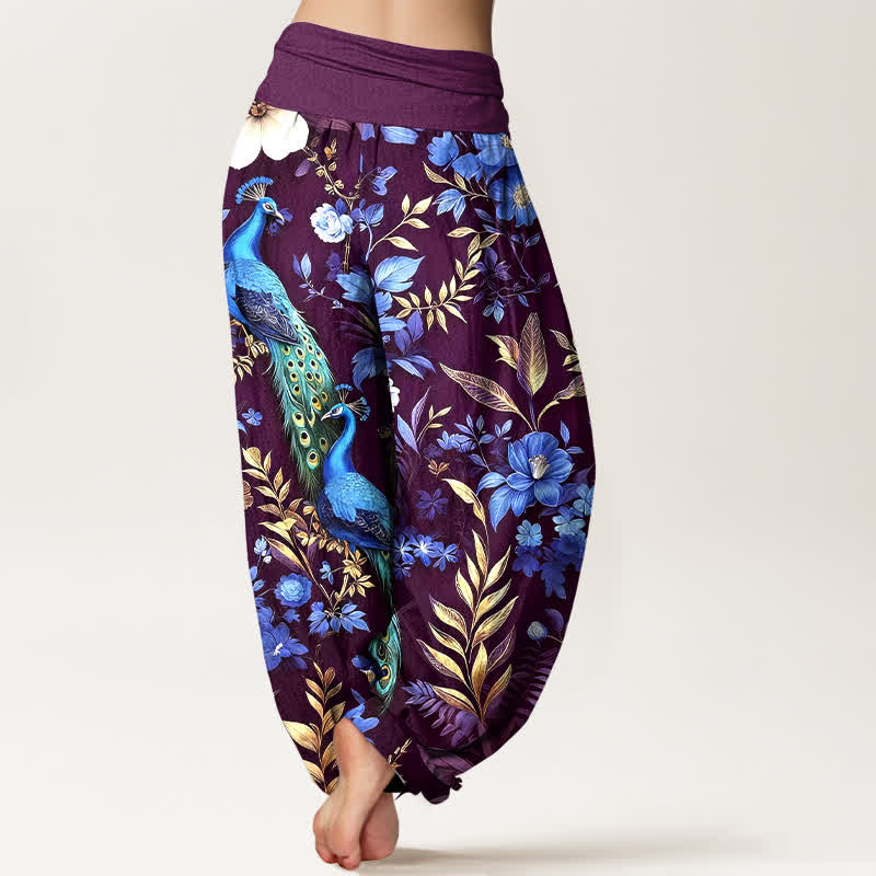 Buddha Stones Pure Cotton Teal Peacock Floral Pattern Women's Elastic Waist Harem Pants - image 9