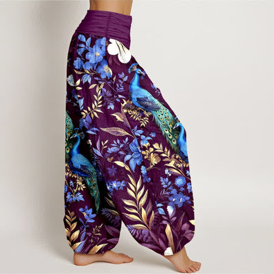 Buddha Stones Pure Cotton Teal Peacock Floral Pattern Women's Elastic Waist Harem Pants - image 10