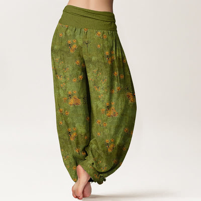 Buddha Stones Pure Cotton Scattered Marigold Floral Pattern Women's Elastic Waist Harem Pants - image 1