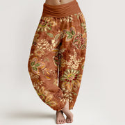 Foviel reine Baumwolle Bohemian Floral Blattmuster Damen elastische Taille Harem Hose