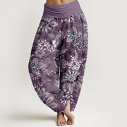 Foviel reine Baumwolle Bohemian Floral Blattmuster Damen elastische Taille Harem Hose