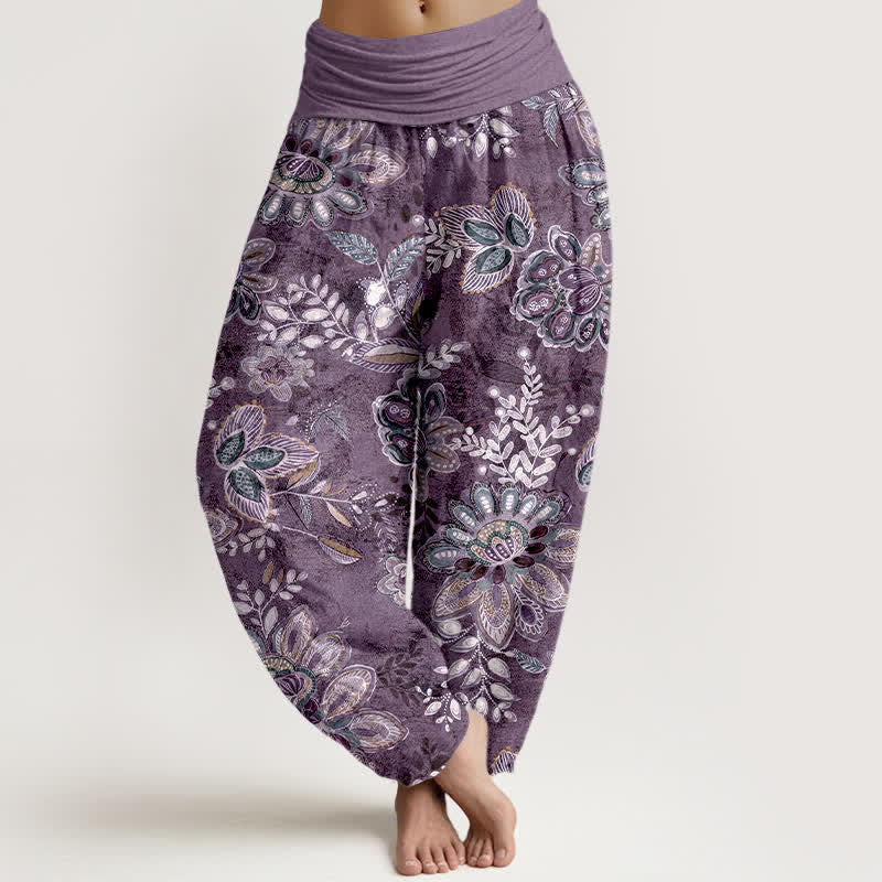 Buddha Stones Pure Cotton Bohemian Floral Leaf Pattern Women's Elastic Waist Harem Pants - Purple - US16，UK/AU20，EU48 (3XL) - image 5