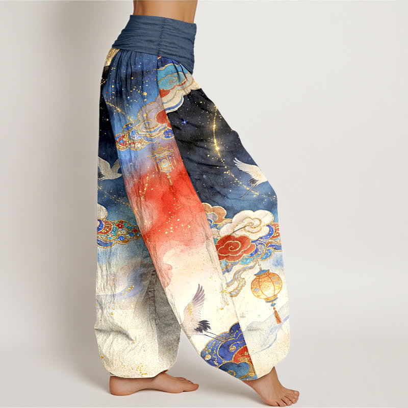 Buddha Stones Pure Cotton Crane Cloud Lantern Night Sky Pattern Women's Elastic Waist Harem Pants - image 2