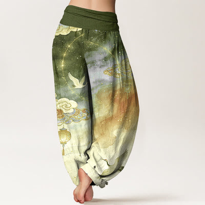 Buddha Stones Pure Cotton Crane Cloud Lantern Night Sky Pattern Women's Elastic Waist Harem Pants - image 9
