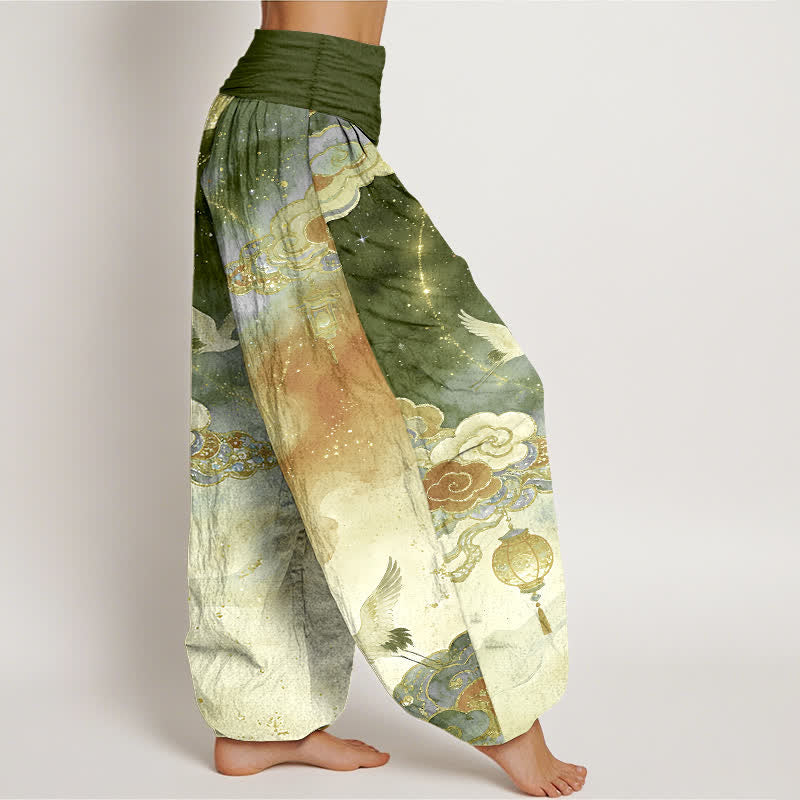 Buddha Stones Pure Cotton Crane Cloud Lantern Night Sky Pattern Women's Elastic Waist Harem Pants - image 10