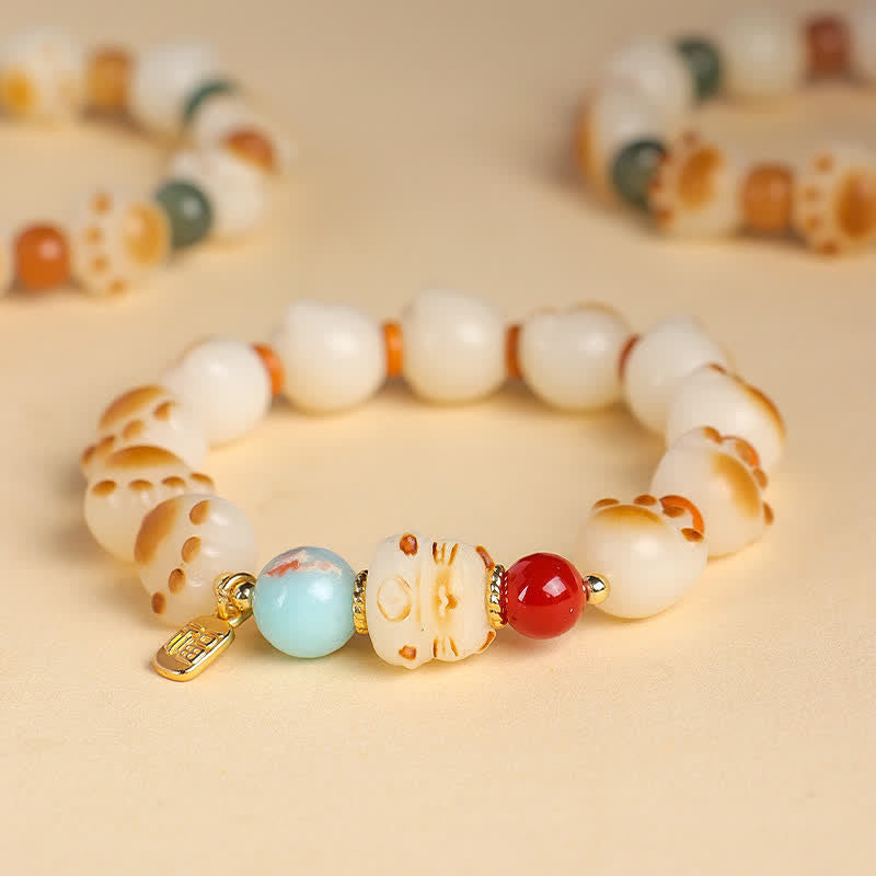 Buddha Stones Natural Bodhi Seed Fu Character Cat Paw Design Luck Bracelet - image 1