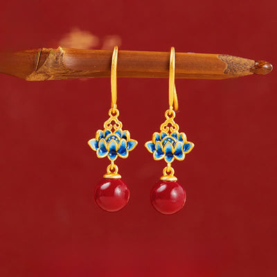Buddha Stones Cinnabar 925 Sterling Silver Enamel Lotus Drop Earrings - Lotus(925 Sterling Silver Posts) - image 0
