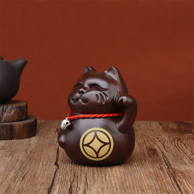 Buddha Stones Mini Lucky Cat Ebony Wood Carved Decoration 8cm - image 6