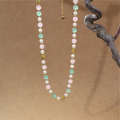Buddha Stones Natural Rose Quartz Green Strawberry Quartz Pearl Bead Peace Necklace - image 8