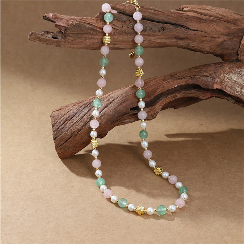 Buddha Stones Natural Rose Quartz Green Strawberry Quartz Pearl Bead Peace Necklace - image 9