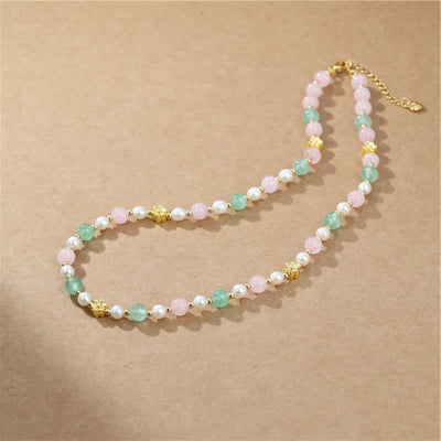 Buddha Stones Natural Rose Quartz Green Strawberry Quartz Pearl Bead Peace Necklace - image 2