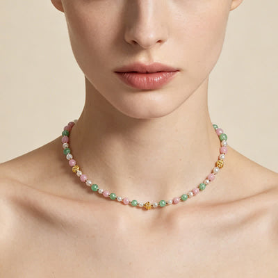 Buddha Stones Natural Rose Quartz Green Strawberry Quartz Pearl Bead Peace Necklace - image 10