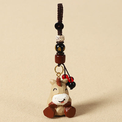Buddha Stones Chinese Zodiac Linden Wood Engraved Plum Blossom Peace Safe Om Mani Padme Hum Positive Key Chain - Horse 4cm(Color Shape and Size May vary) - Om Mani Padme Hum - image 0