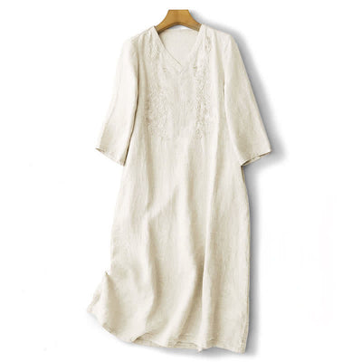 Buddha Stones Summer Embroidery Solid Women's Short Sleeve Dress With Pockets - Beige - US12，UK/AU16，EU44 (2XL) - image 7