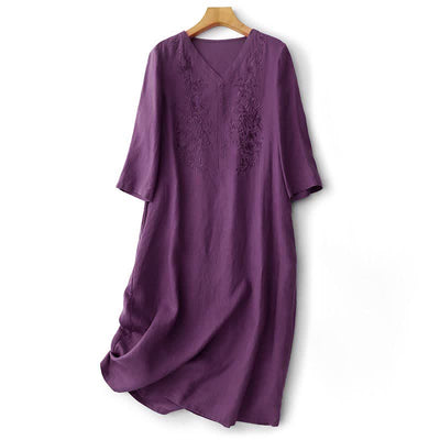 Buddha Stones Summer Embroidery Solid Women's Short Sleeve Dress With Pockets - RebeccaPurple - US12，UK/AU16，EU44 (2XL) - image 0