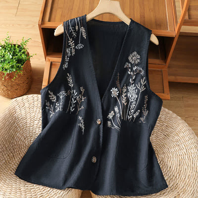 Buddha Stones Summer Embroidery Floral Women's Sleeveless Shirts With Pockets - Navy - US8-10，UK/AU12-14，EU40-42 (2XL) - image 8
