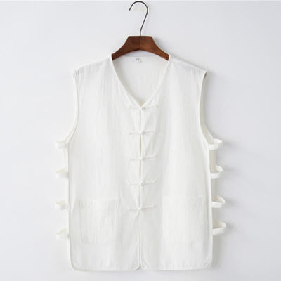 Buddha Stones Summer Tang Style Frog Button Side Slit Hollow Solid Men's Sleeveless Shirts Tank Top With Pockets - White - US/UK/AU46，EU56 (5XL) - image 7