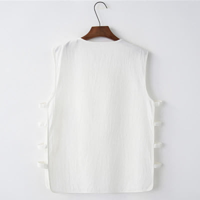 Buddha Stones Summer Tang Style Frog Button Side Slit Hollow Solid Men's Sleeveless Shirts Tank Top With Pockets - image 8