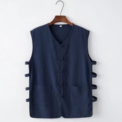 Buddha Stones Summer Tang Style Frog Button Side Slit Hollow Solid Men's Sleeveless Shirts Tank Top With Pockets - Navy - US/UK/AU46，EU56 (5XL) - image 0