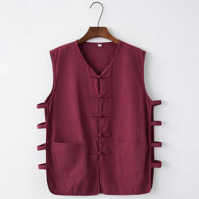 Buddha Stones Summer Tang Style Frog Button Side Slit Hollow Solid Men's Sleeveless Shirts Tank Top With Pockets - Maroon - US/UK/AU46，EU56 (5XL) - image 5