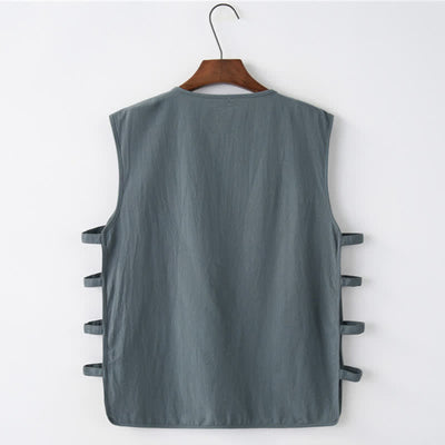 Buddha Stones Summer Tang Style Frog Button Side Slit Hollow Solid Men's Sleeveless Shirts Tank Top With Pockets - image 2