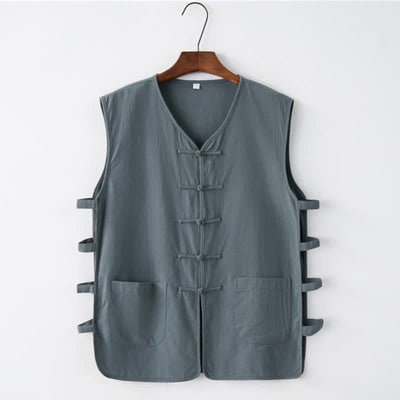 Buddha Stones Summer Tang Style Frog Button Side Slit Hollow Solid Men's Sleeveless Shirts Tank Top With Pockets - DarkGreen - US/UK/AU46，EU56 (5XL) - image 1