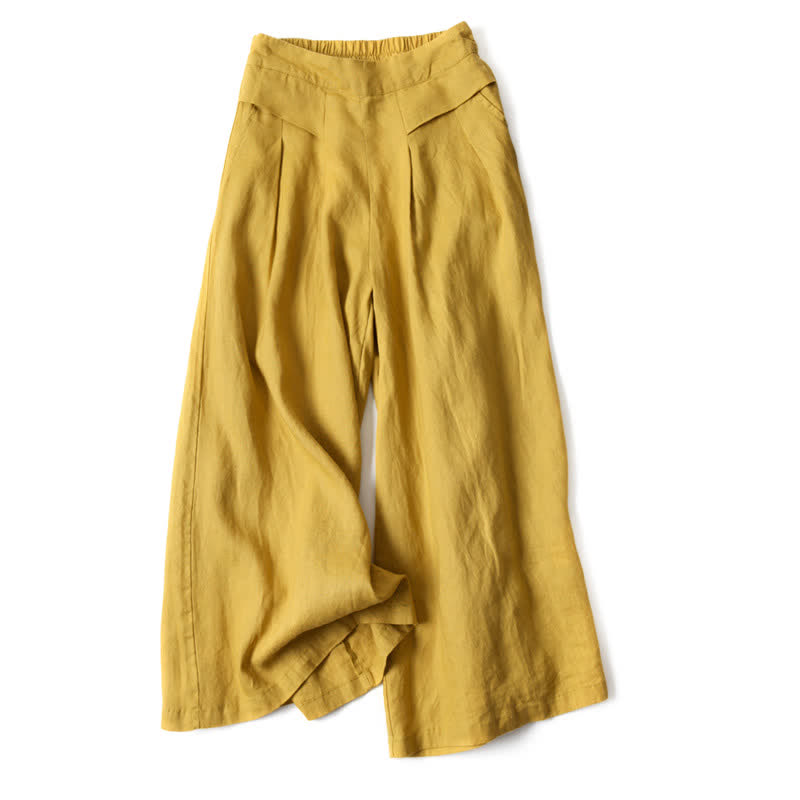 Buddha Stones Plain Color Cotton Linen High Waist Women's Wide Leg Pants With Pockets - image 8