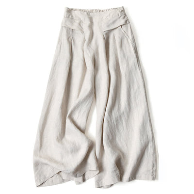 Buddha Stones Plain Color Cotton Linen High Waist Women's Wide Leg Pants With Pockets - image 14