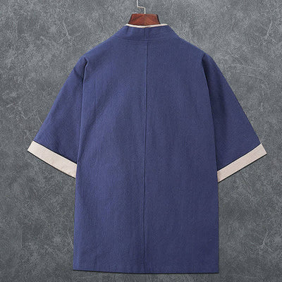 Buddha Stones Summer Minimalist V-Neck Frog Button Solid Men's Short Sleeve Kimono - image 1