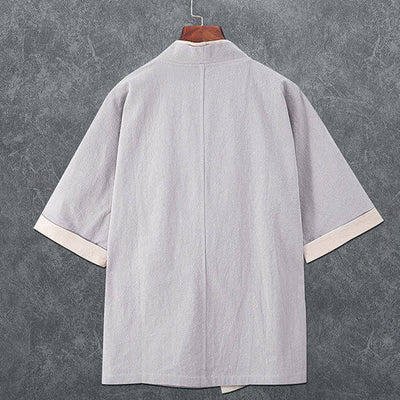 Buddha Stones Summer Minimalist V-Neck Frog Button Solid Men's Short Sleeve Kimono - image 5