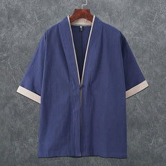 Buddha Stones Summer Minimalist V-Neck Frog Button Solid Men's Short Sleeve Kimono - SteelBlue - US/UK/AU46，EU56 (5XL) - image 0