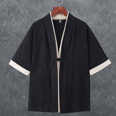 Buddha Stones Summer Minimalist V-Neck Frog Button Solid Men's Short Sleeve Kimono - Black - US/UK/AU46，EU56 (5XL) - image 2