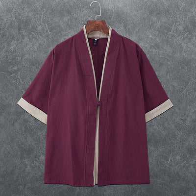 Buddha Stones Summer Minimalist V-Neck Frog Button Solid Men's Short Sleeve Kimono - Maroon - US/UK/AU46，EU56 (5XL) - image 6