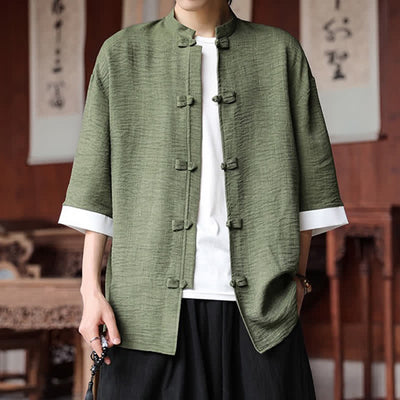 Buddha Stones Summer Tang Style Mandarin Collar Frog Button Solid Men's Elbow-Length Sleeve Shirts - image 5