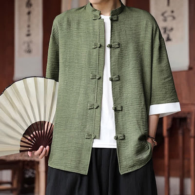 Buddha Stones Summer Tang Style Mandarin Collar Frog Button Solid Men's Elbow-Length Sleeve Shirts - image 4