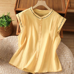 Buddha Stones Summer Button-Up Solid Crew Neck Women's Sleeveless Shirts - Khaki - US8-10，UK/AU12-14，EU40-42 (2XL) - image 0
