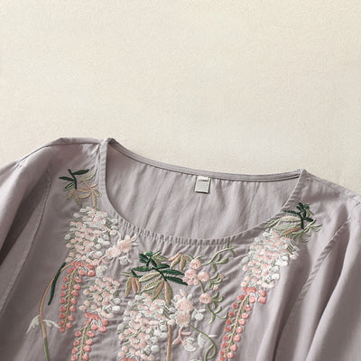Buddha Stones Spring Embroidery Side Slit Floral Women's Three-Quarter Sleeve Shirts - image 6