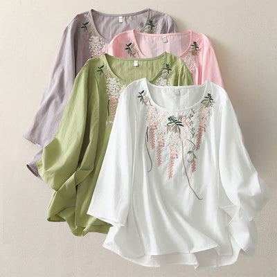 Buddha Stones Spring Embroidery Side Slit Floral Women's Three-Quarter Sleeve Shirts - image 30