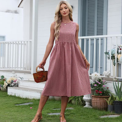 Buddha Stones Summer Casual Plaid Cotton Women's Sleeveless Dress With Pockets - image 2