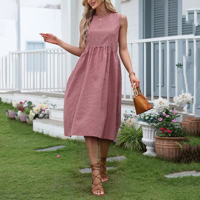 Buddha Stones Summer Casual Plaid Cotton Women's Sleeveless Dress With Pockets - DarkSalmon - US16，UK/AU20，EU48 (3XL) - image 0