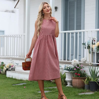 Buddha Stones Summer Casual Plaid Cotton Women's Sleeveless Dress With Pockets - image 4