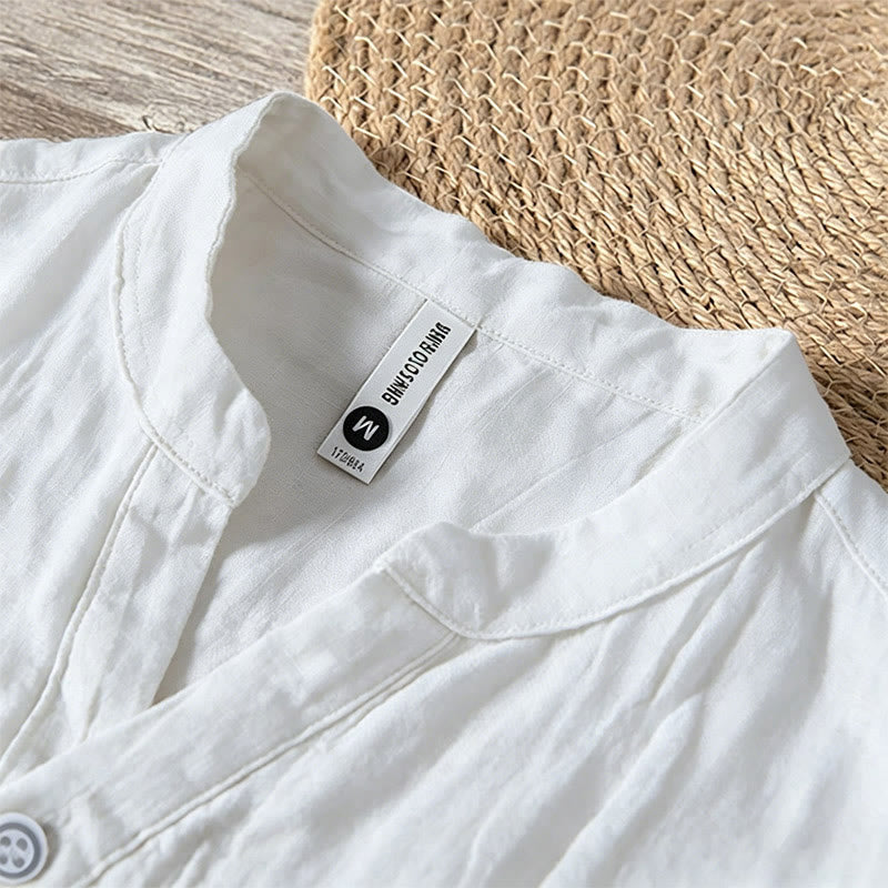 Buddha Stones Summer Half Buttons Rolled Sleeves Design Cotton Linen Men's Short Sleeve Shirt - image 16