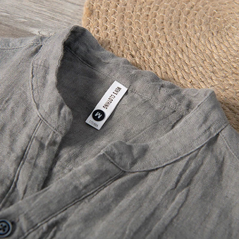 Buddha Stones Summer Half Buttons Rolled Sleeves Design Cotton Linen Men's Short Sleeve Shirt - image 2