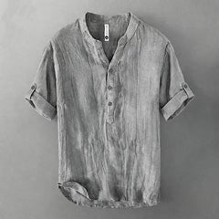 Buddha Stones Summer Half Buttons Rolled Sleeves Design Cotton Linen Men's Short Sleeve Shirt - Gray - US/UK/AU46，EU56 (3XL) - image 0