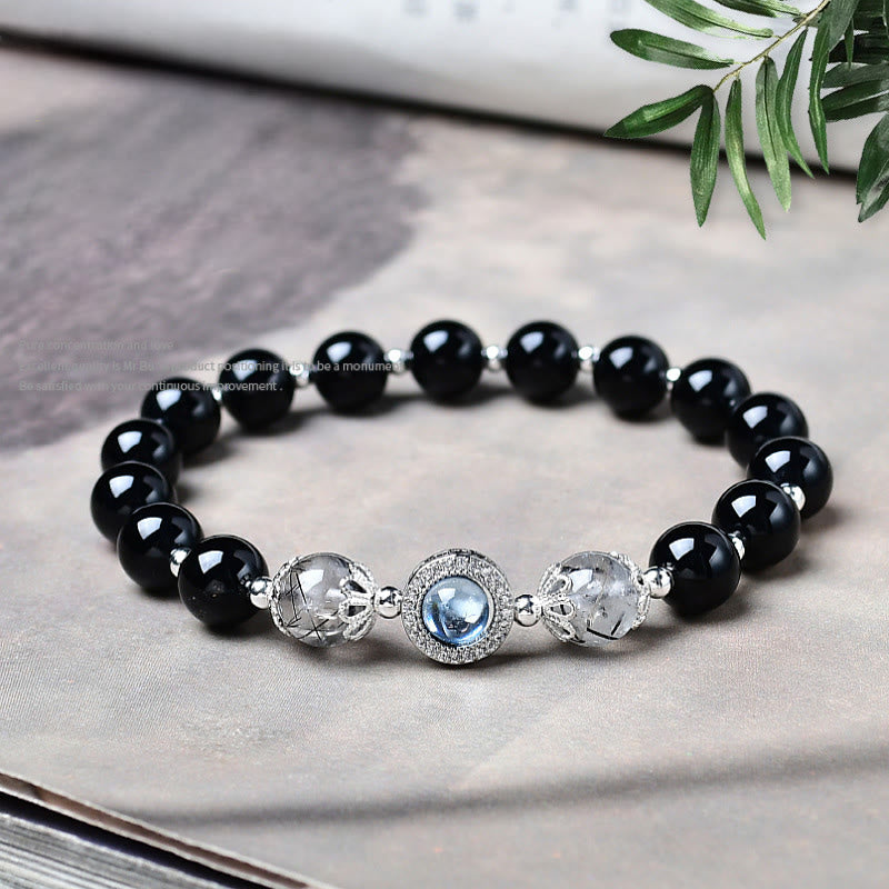 Buddha Stones Black Obsidian Silver Sheen Obsidian Zircon Purification Bracelet - Black Obsidian - 8mm(Wrist Circumference: 15-16cm) - image 0