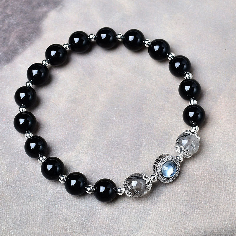 Buddha Stones Black Obsidian Silver Sheen Obsidian Zircon Purification Bracelet - image 1