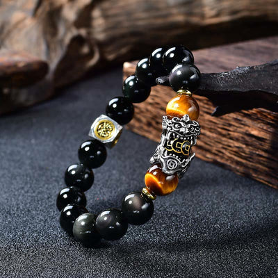 Buddha Stones Natural Black Obsidian PiXiu Tiger's Eye Transformation Bracelet - 14mm(Wrist Circumference: 18-19cm) - image 0