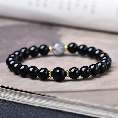 Buddha Stones Natural Black Obsidian Black Rutilated Quartz Purification Bracelet - image 4