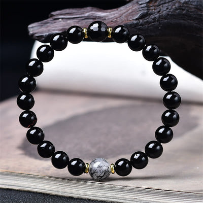 Buddha Stones Natural Black Obsidian Black Rutilated Quartz Purification Bracelet - image 2